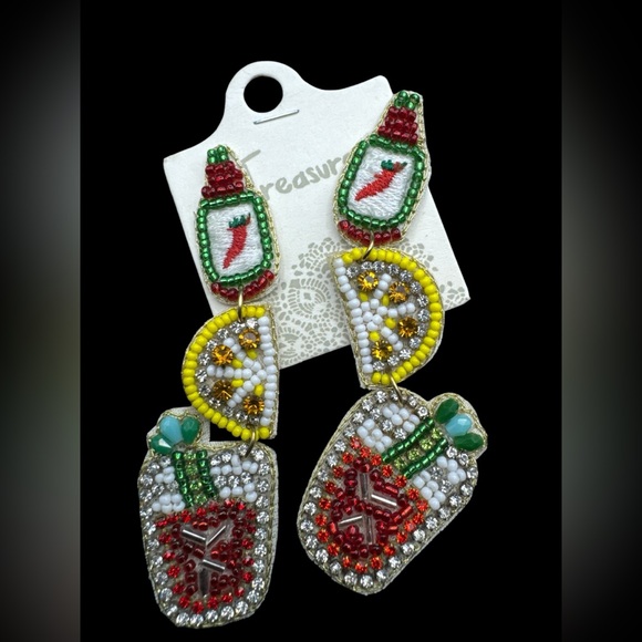 New Treasure Beaded Novelty Hot Sauce Lemon Cocktail Bloody Mary Earrings 3.5” - Picture 1 of 2